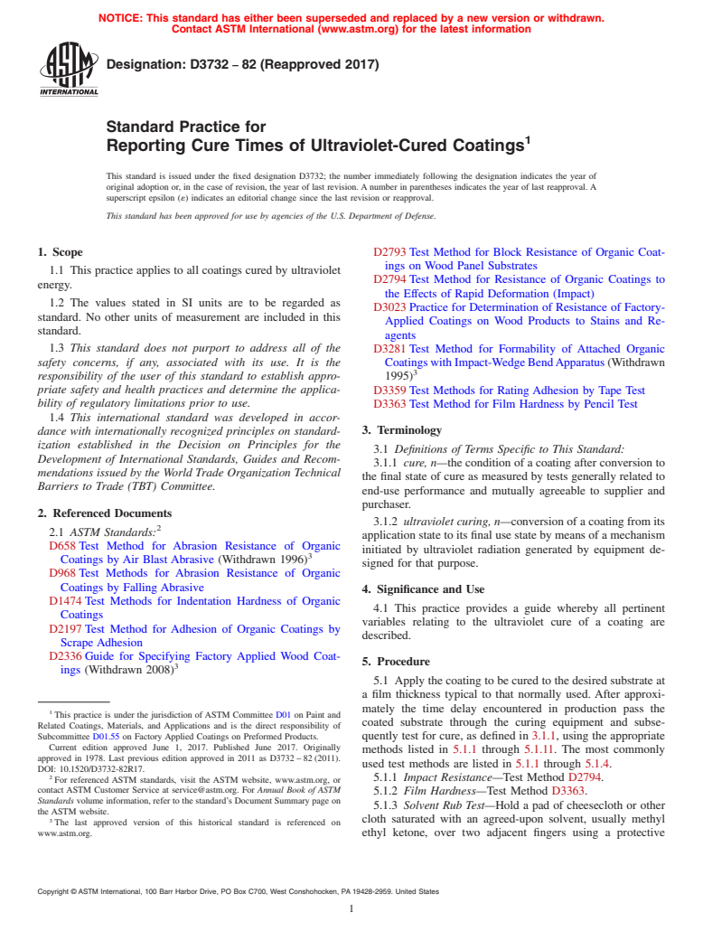 ASTM D3732-82(2017) - Standard Practice for Reporting Cure Times of Ultraviolet-Cured Coatings