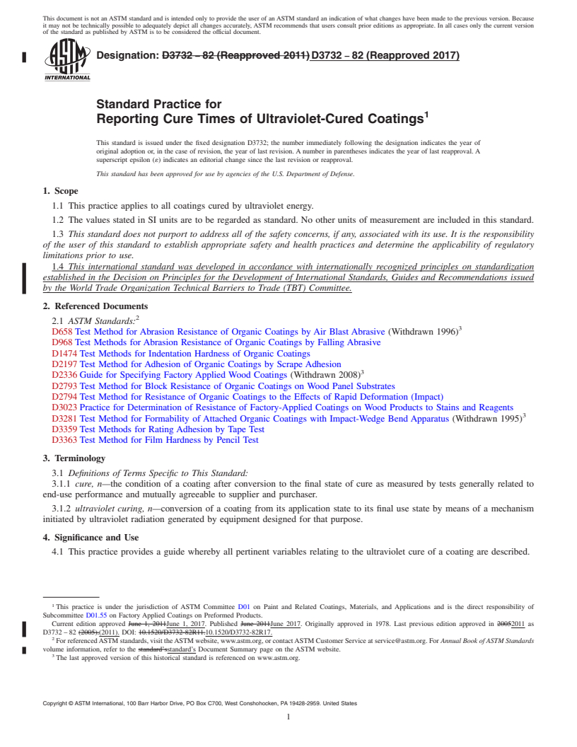 REDLINE ASTM D3732-82(2017) - Standard Practice for Reporting Cure Times of Ultraviolet-Cured Coatings