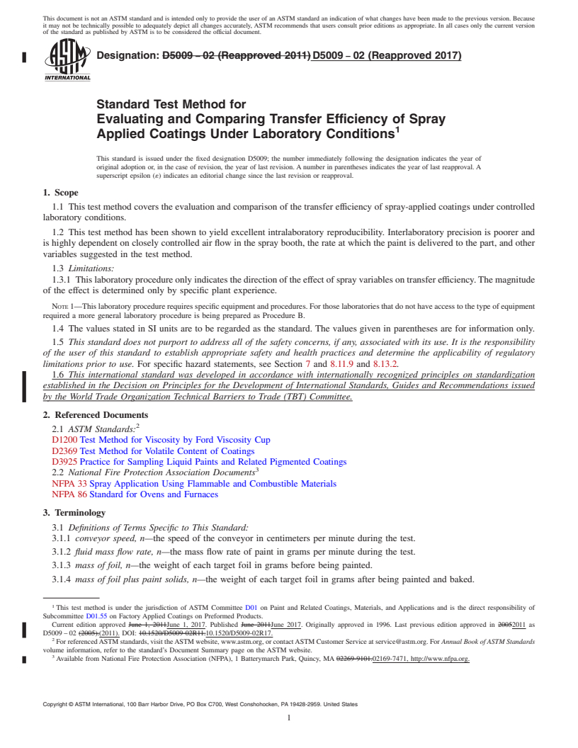 REDLINE ASTM D5009-02(2017) - Standard Test Method for Evaluating and Comparing Transfer Efficiency of Spray Applied   Coatings Under Laboratory Conditions