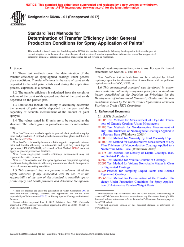 ASTM D5286-01(2017) - Standard Test Methods for Determination of Transfer Efficiency Under General Production   Conditions for Spray Application of Paints