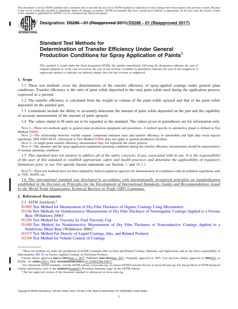 REDLINE ASTM D5286-01(2017) - Standard Test Methods for Determination of Transfer Efficiency Under General Production   Conditions for Spray Application of Paints