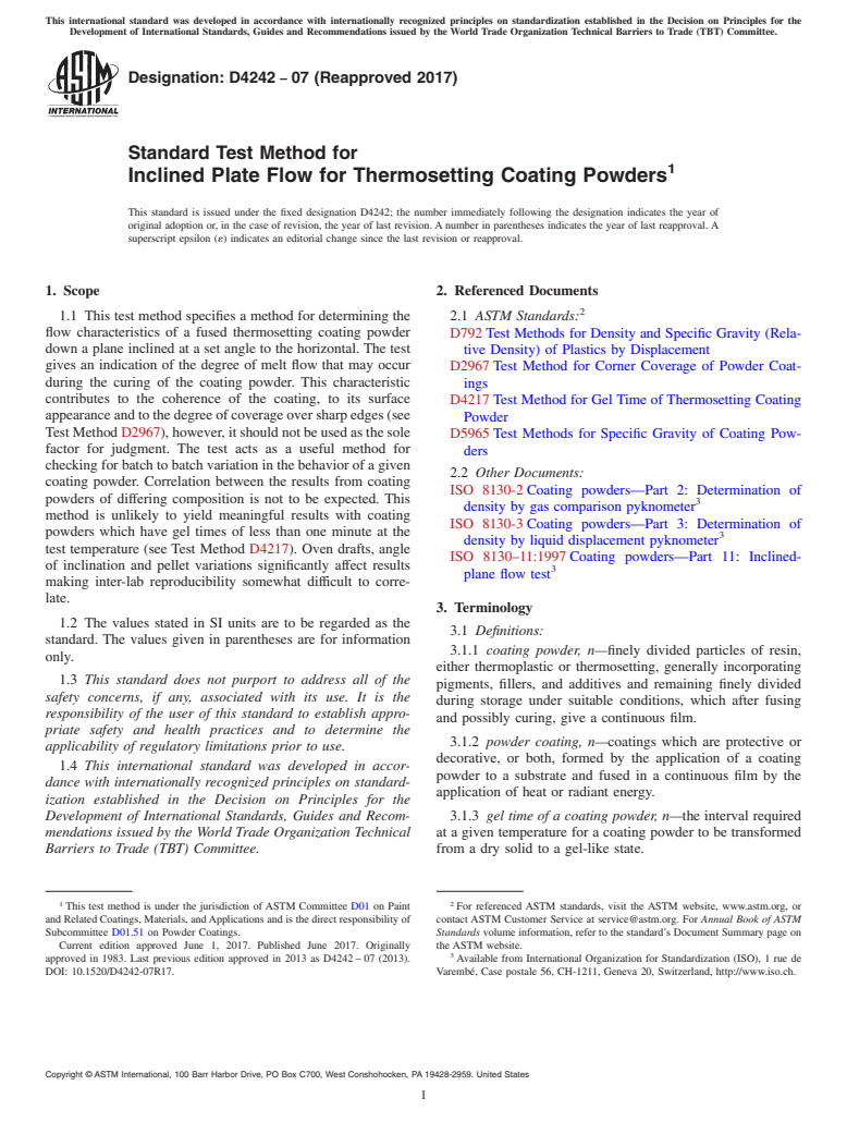 ASTM D4242-07(2017) - Standard Test Method for Inclined Plate Flow for Thermosetting Coating Powders