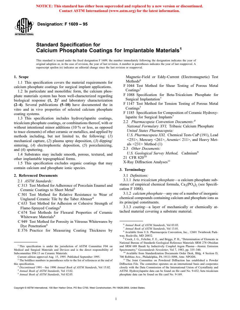 ASTM F1609-95 - Standard Specification for Calcium Phosphate Coatings for Implantable Materials