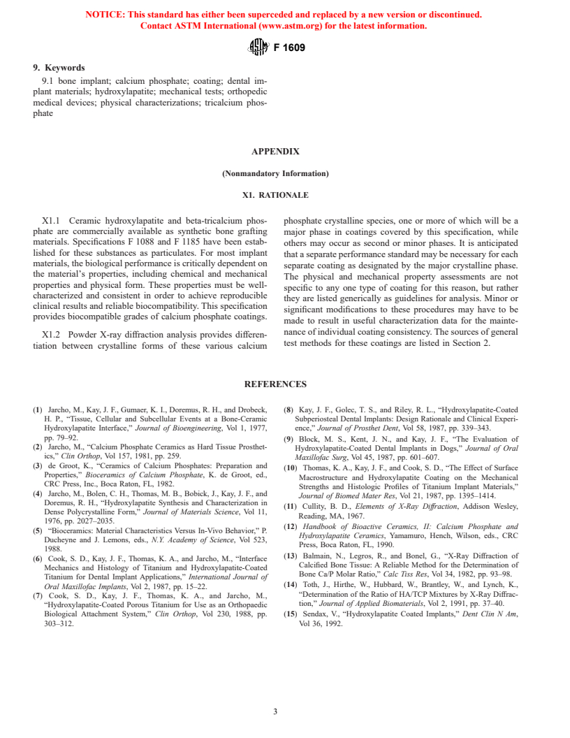 ASTM F1609-95 - Standard Specification for Calcium Phosphate Coatings for Implantable Materials