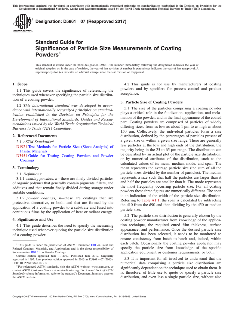 ASTM D5861-07(2017) - Standard Guide for Significance of Particle Size Measurements of Coating Powders