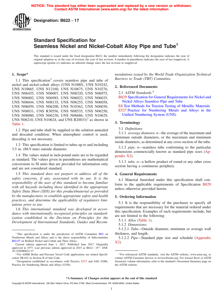 ASTM B622-17 - Standard Specification for Seamless Nickel and Nickel-Cobalt Alloy Pipe and Tube