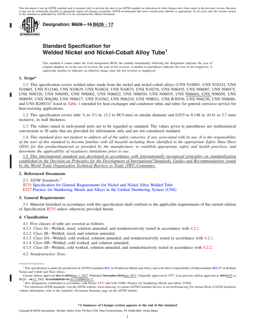 REDLINE ASTM B626-17 - Standard Specification for Welded Nickel and Nickel-Cobalt Alloy Tube