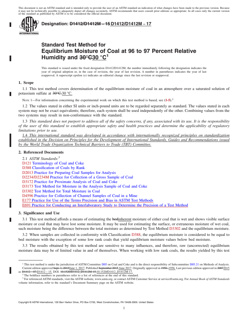 REDLINE ASTM D1412/D1412M-17 - Standard Test Method for  Equilibrium Moisture of Coal at 96 to 97 Percent Relative Humidity  and 30&#x2009;&#xb0;C