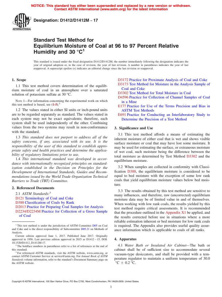 ASTM D1412/D1412M-17 - Standard Test Method for  Equilibrium Moisture of Coal at 96 to 97 Percent Relative Humidity  and 30&#x2009;&#xb0;C