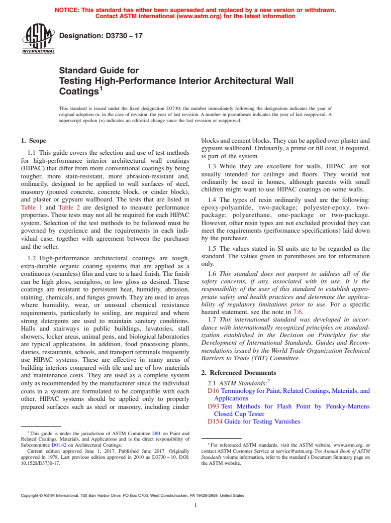 ASTM D3730-17 - Standard Guide for Testing High-Performance Interior Architectural Wall Coatings