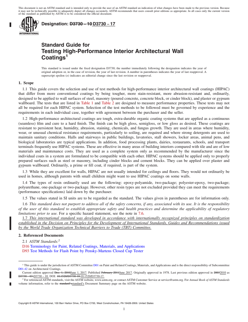 REDLINE ASTM D3730-17 - Standard Guide for Testing High-Performance Interior Architectural Wall Coatings