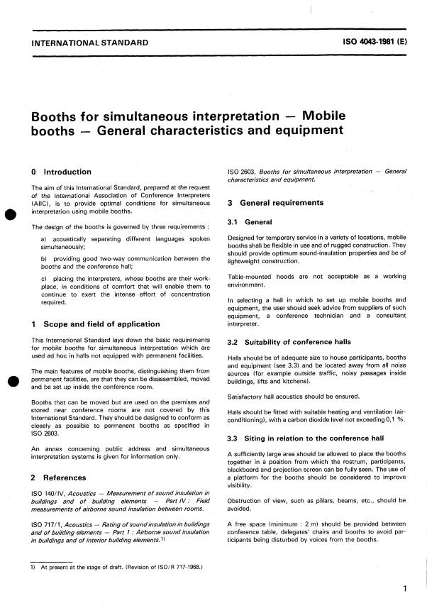 ISO 4043:1981 - Booths for simultaneous interpretation -- Mobile booths -- General characteristics and equipment