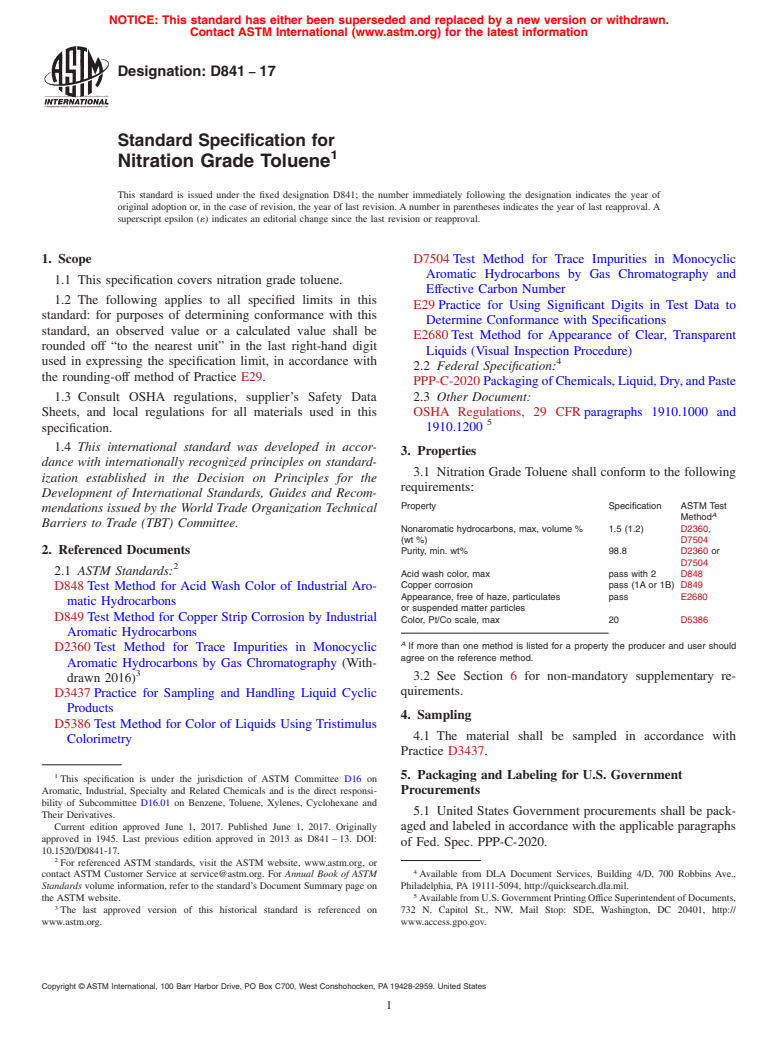 ASTM D841-17 - Standard Specification for Nitration Grade Toluene
