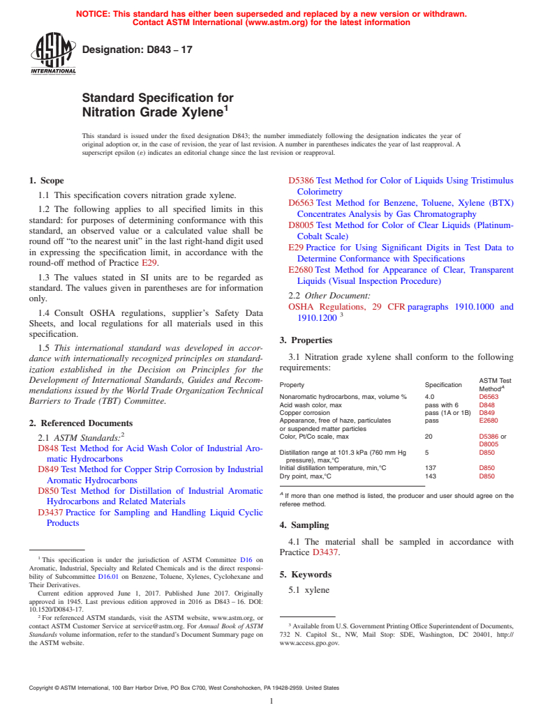 ASTM D843-17 - Standard Specification for Nitration Grade Xylene