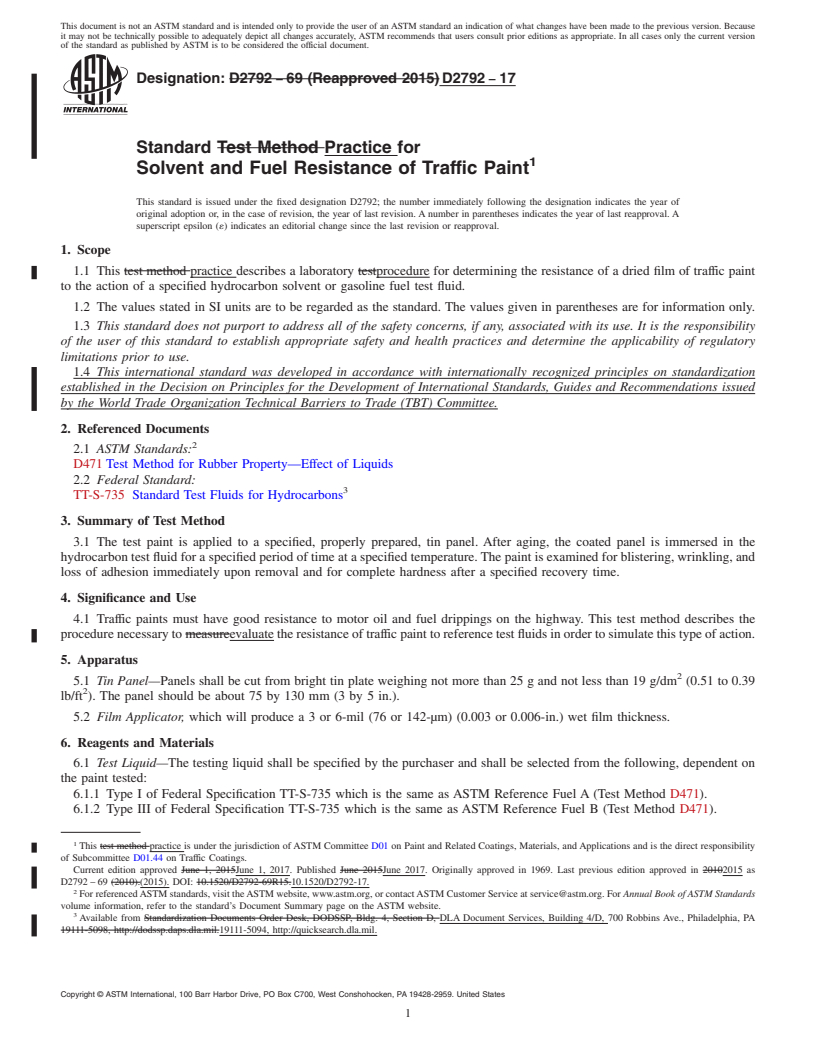 REDLINE ASTM D2792-17 - Standard Practice for Solvent and Fuel Resistance of Traffic Paint