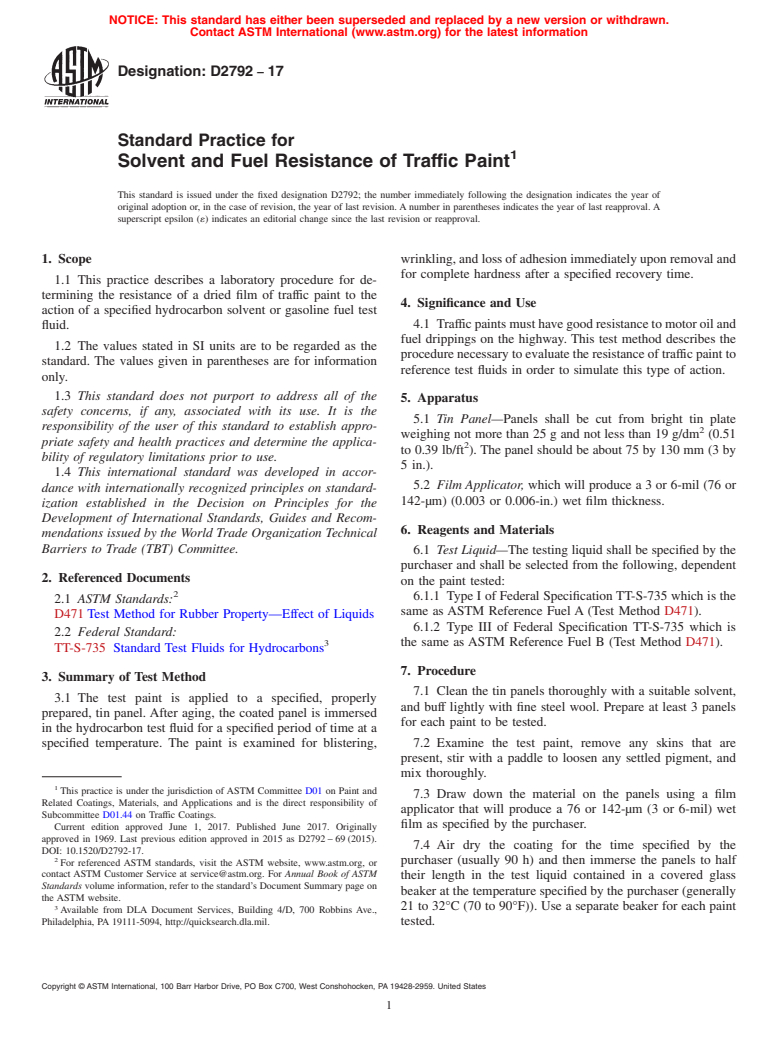 ASTM D2792-17 - Standard Practice for Solvent and Fuel Resistance of Traffic Paint