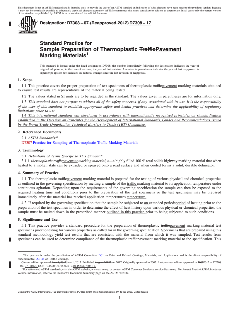 REDLINE ASTM D7308-17 - Standard Practice for Sample Preparation of Thermoplastic Pavement Marking Materials