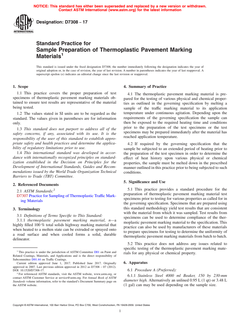 ASTM D7308-17 - Standard Practice for Sample Preparation of Thermoplastic Pavement Marking Materials