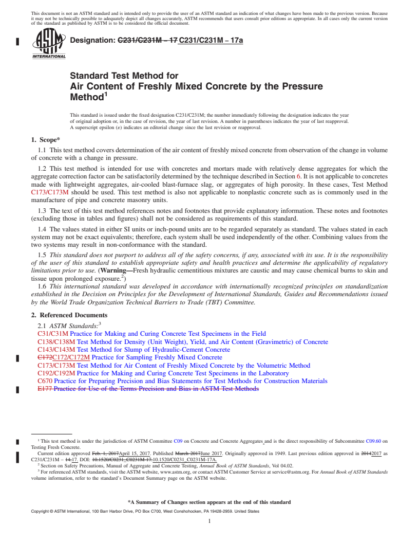 REDLINE ASTM C231/C231M-17a - Standard Test Method for Air Content of Freshly Mixed Concrete by the Pressure Method