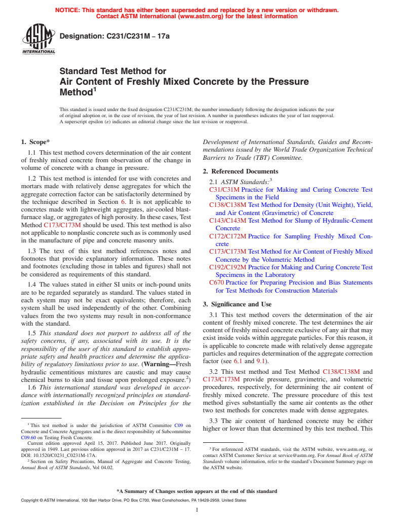 ASTM C231/C231M-17a - Standard Test Method for Air Content of Freshly Mixed Concrete by the Pressure Method