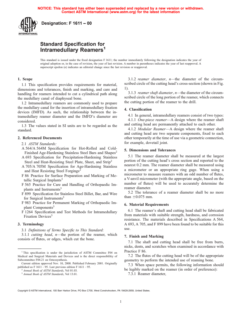 ASTM F1611-00 - Standard Specification for Intramedullary Reamers