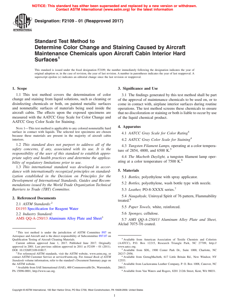 ASTM F2109-01(2017) - Standard Test Method to  Determine Color Change and Staining Caused by Aircraft Maintenance  Chemicals upon Aircraft Cabin Interior Hard Surfaces