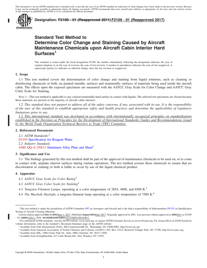 REDLINE ASTM F2109-01(2017) - Standard Test Method to  Determine Color Change and Staining Caused by Aircraft Maintenance  Chemicals upon Aircraft Cabin Interior Hard Surfaces