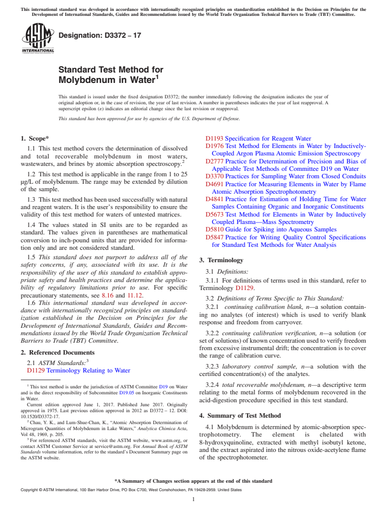 ASTM D3372-17 - Standard Test Method for  Molybdenum in Water