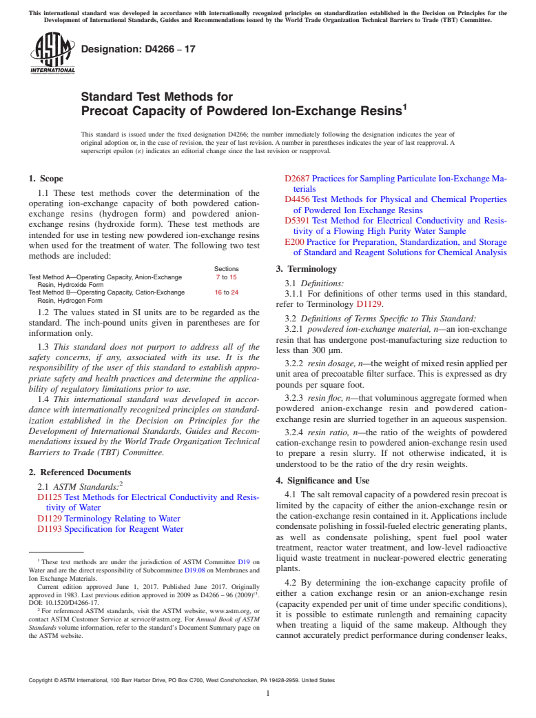 ASTM D4266-17 - Standard Test Methods for  Precoat Capacity of Powdered Ion-Exchange Resins