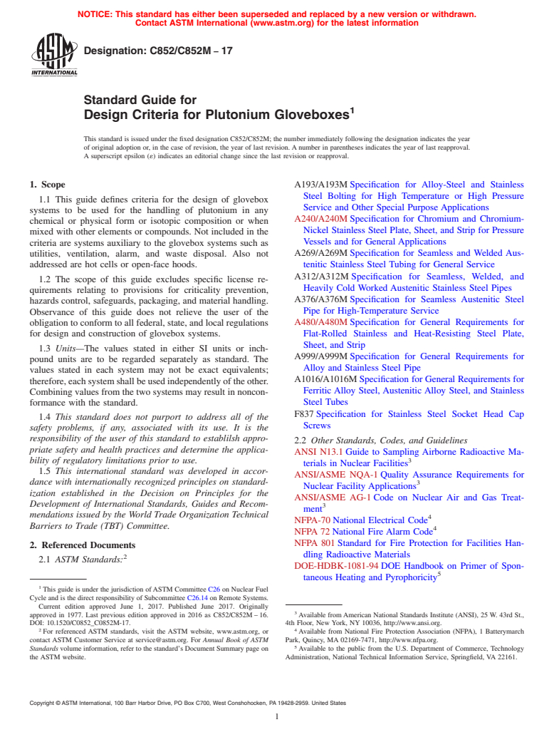 ASTM C852/C852M-17 - Standard Guide for  Design Criteria for Plutonium Gloveboxes