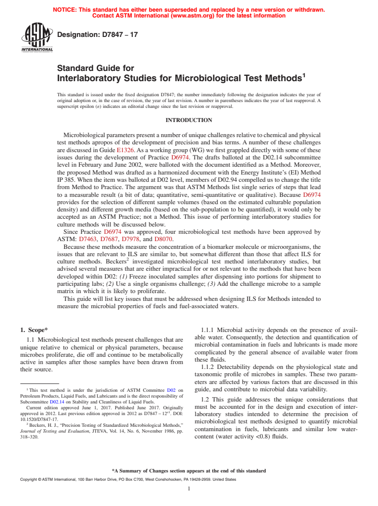 ASTM D7847-17 - Standard Guide for Interlaboratory Studies for Microbiological Test Methods
