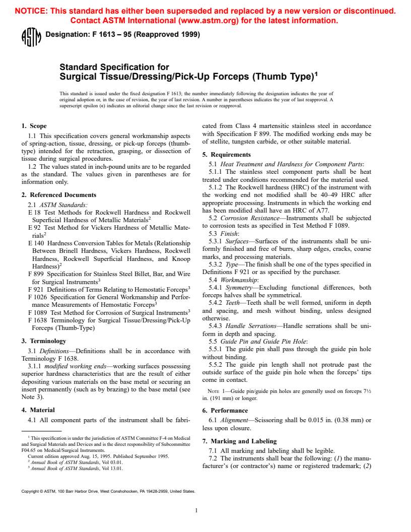 ASTM F1613-95(1999) - Standard Specification for Surgical Tissue/Dressing/Pick-Up Forceps (Thumb Type)