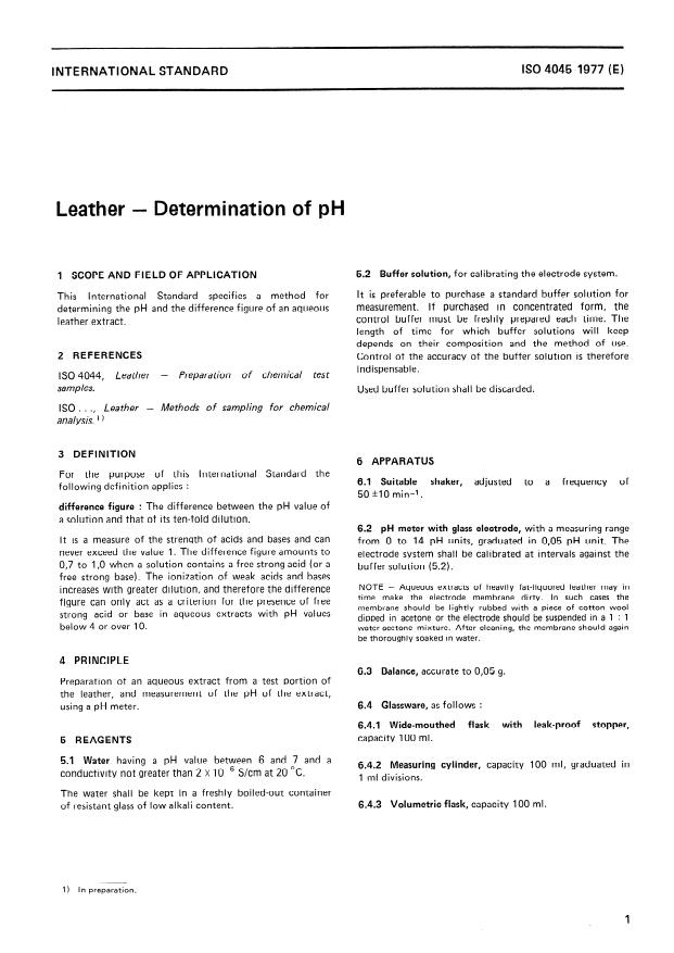 ISO 4045:1977 - Leather -- Determination of pH