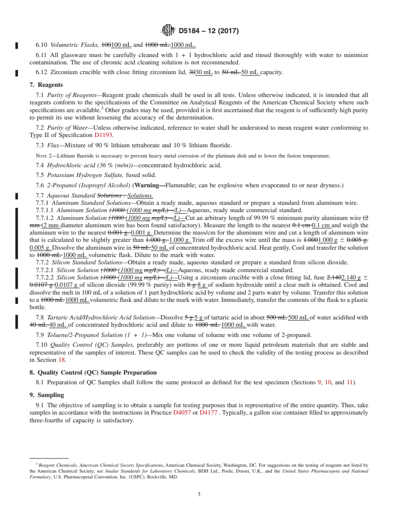 REDLINE ASTM D5184-12(2017) - Standard Test Methods for Determination of Aluminum and Silicon in Fuel Oils by Ashing,  Fusion, Inductively Coupled Plasma Atomic Emission Spectrometry, and   Atomic Absorption Spectrometry