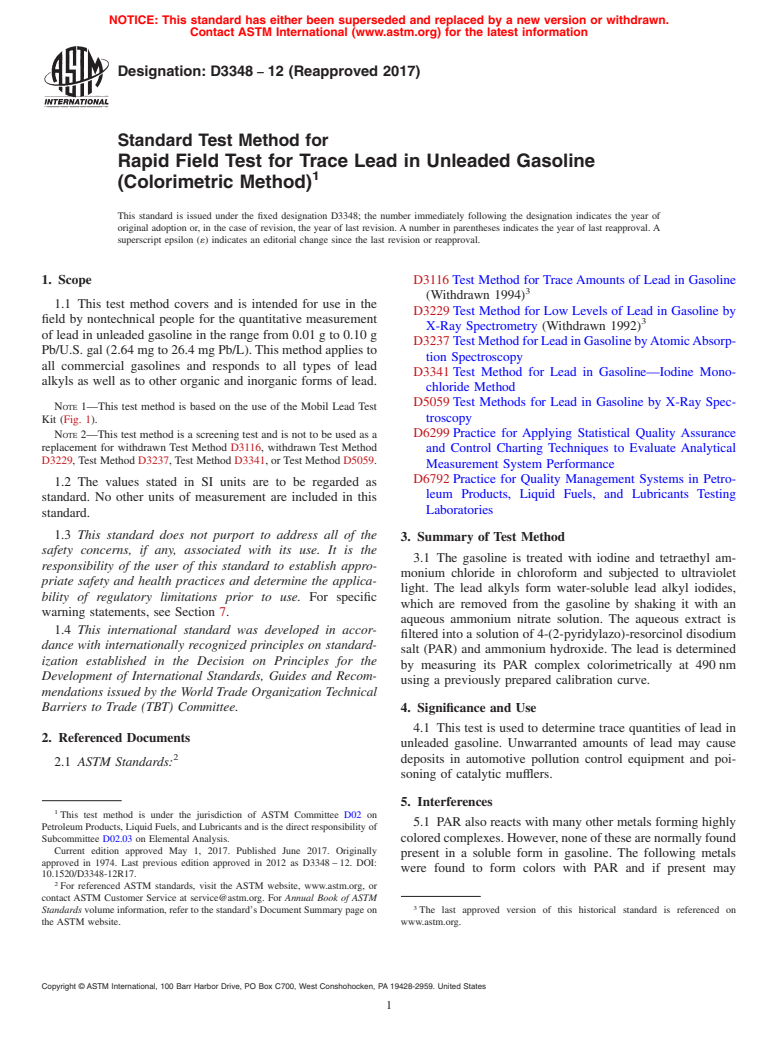 ASTM D3348-12(2017) - Standard Test Method for Rapid Field Test for Trace Lead in Unleaded Gasoline (Colorimetric   Method) (Withdrawn 2022)