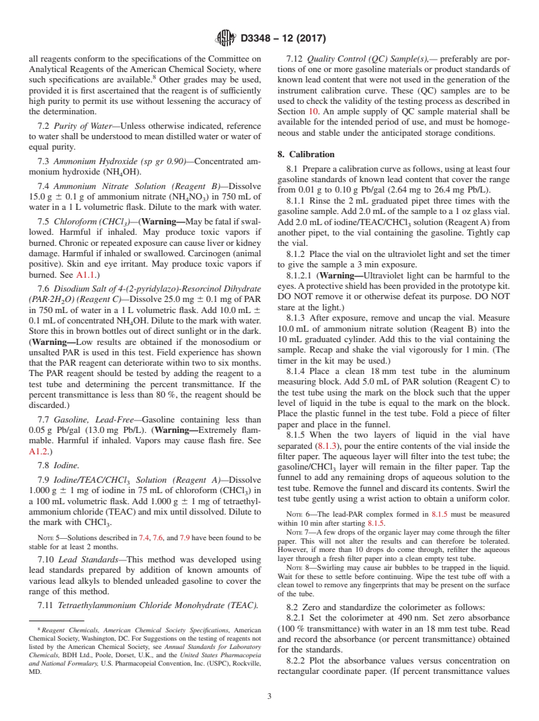 ASTM D3348-12(2017) - Standard Test Method for Rapid Field Test for Trace Lead in Unleaded Gasoline (Colorimetric   Method) (Withdrawn 2022)