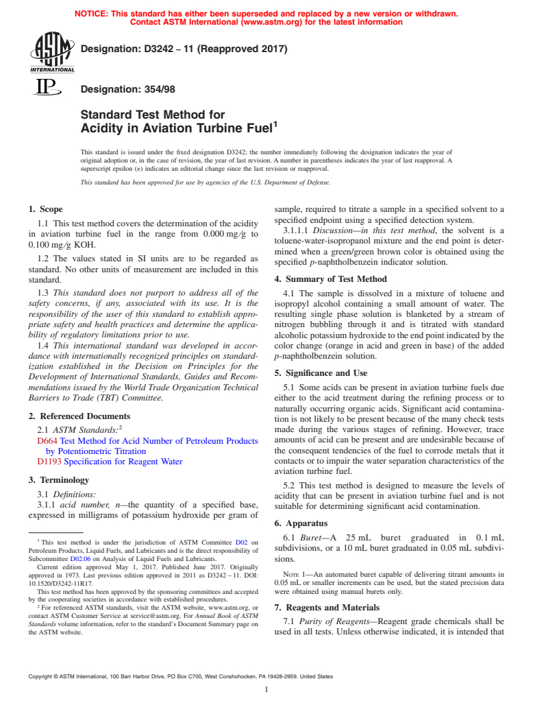 ASTM D3242-11(2017) - Standard Test Method for  Acidity in Aviation Turbine Fuel