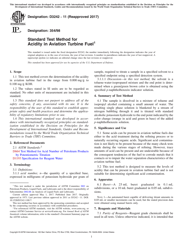 ASTM D3242-11(2017) - Standard Test Method for  Acidity in Aviation Turbine Fuel