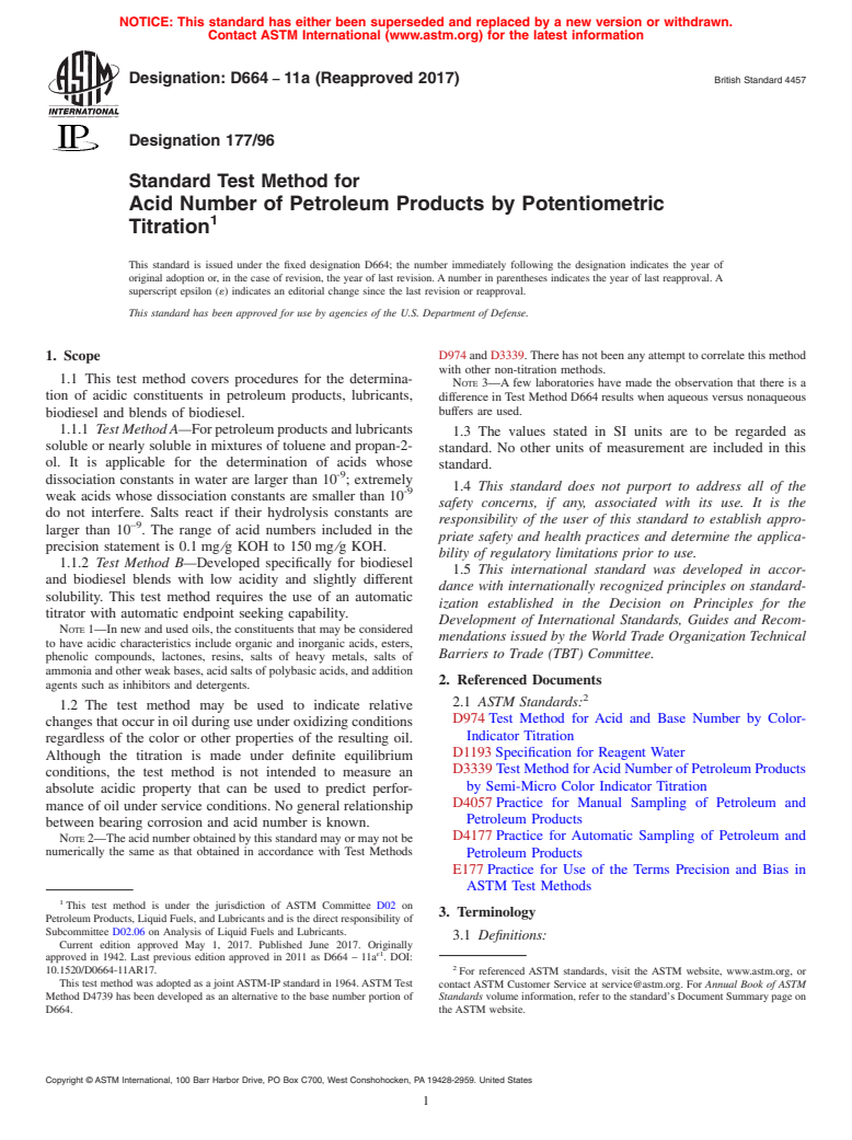 ASTM D664-11a(2017) - Standard Test Method for Acid Number of Petroleum Products by Potentiometric Titration