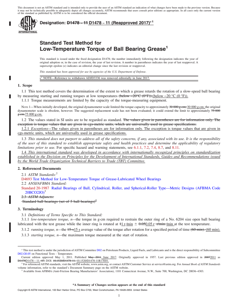 REDLINE ASTM D1478-11(2017)e1 - Standard Test Method for  Low-Temperature Torque of Ball Bearing Grease