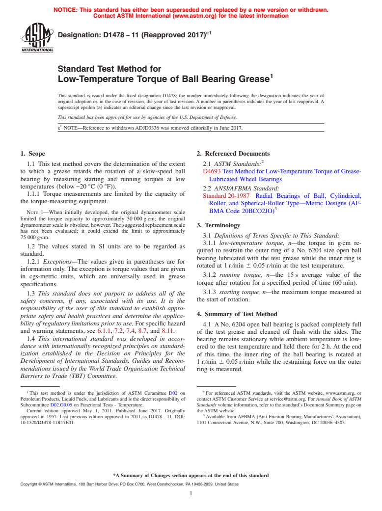 ASTM D1478-11(2017)e1 - Standard Test Method for  Low-Temperature Torque of Ball Bearing Grease