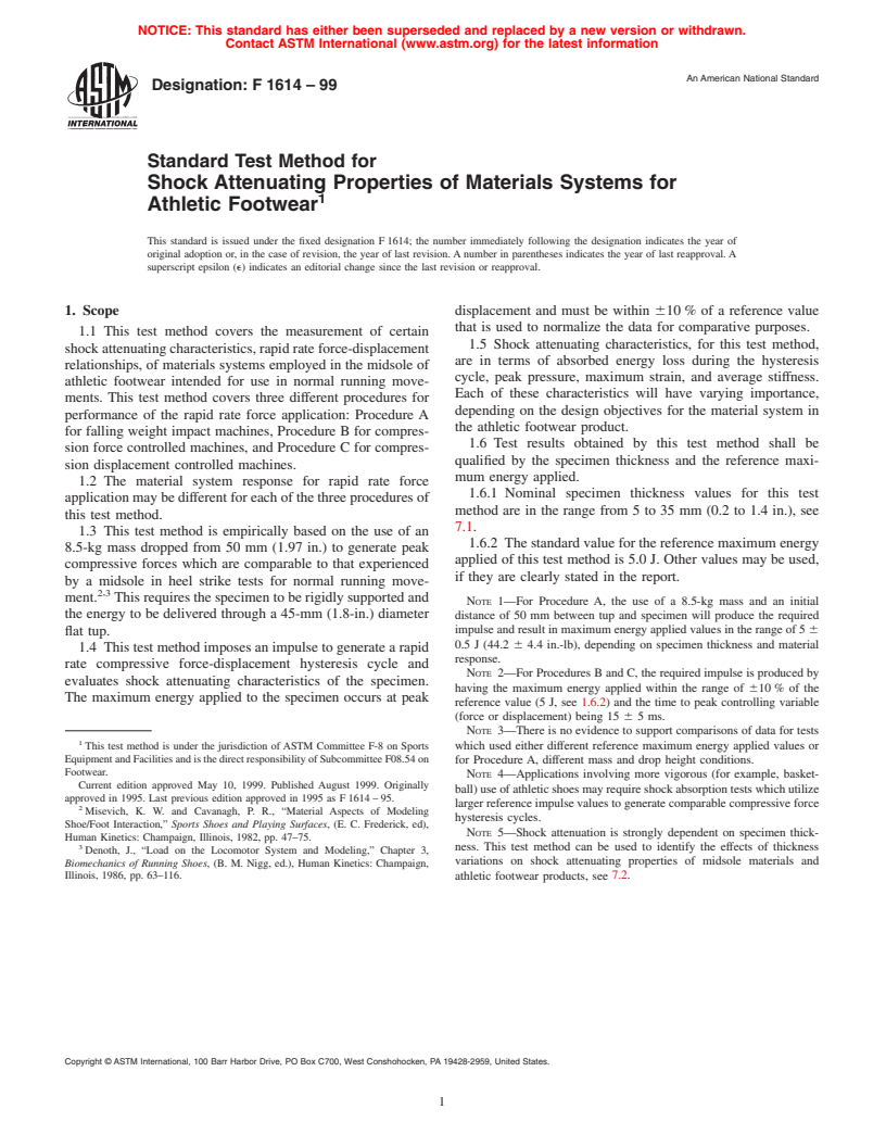 ASTM F1614-99 - Standard Test Method for Shock Attenuating Properties of Materials Systems for Athletic Footwear