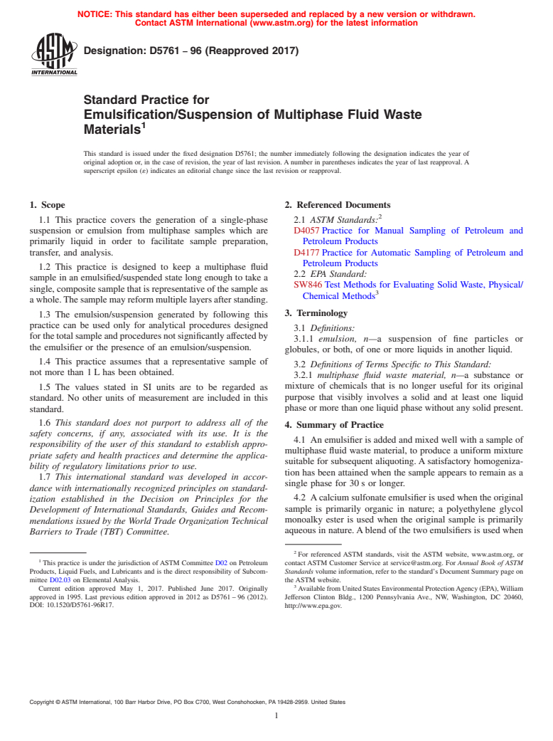 ASTM D5761-96(2017) - Standard Practice for  Emulsification/Suspension of Multiphase Fluid Waste Materials