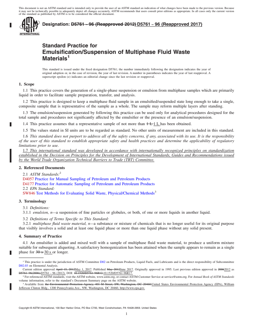 REDLINE ASTM D5761-96(2017) - Standard Practice for  Emulsification/Suspension of Multiphase Fluid Waste Materials