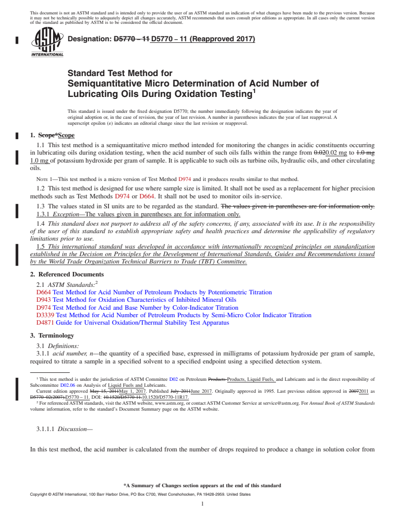 REDLINE ASTM D5770-11(2017) - Standard Test Method for  Semiquantitative Micro Determination of Acid Number of Lubricating    Oils During Oxidation Testing