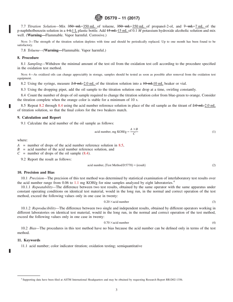 REDLINE ASTM D5770-11(2017) - Standard Test Method for  Semiquantitative Micro Determination of Acid Number of Lubricating    Oils During Oxidation Testing