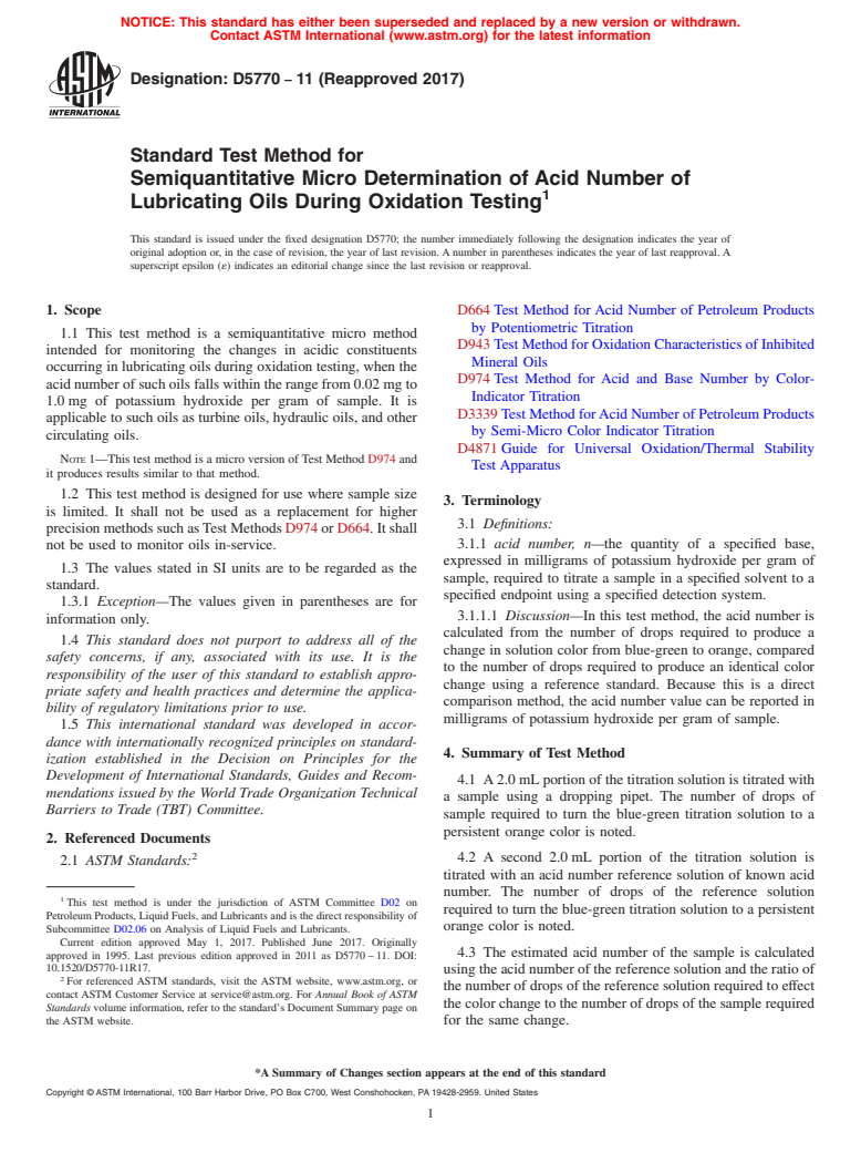 ASTM D5770-11(2017) - Standard Test Method for  Semiquantitative Micro Determination of Acid Number of Lubricating    Oils During Oxidation Testing