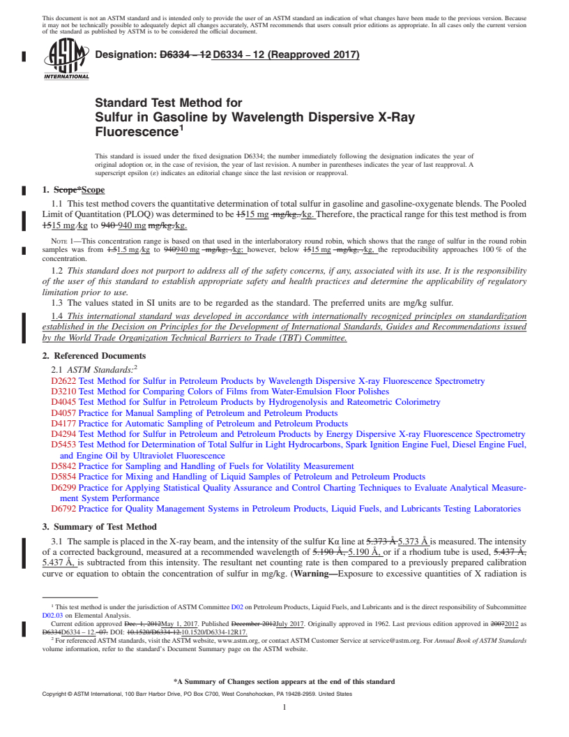 REDLINE ASTM D6334-12(2017) - Standard Test Method for Sulfur in Gasoline by Wavelength Dispersive X-Ray Fluorescence