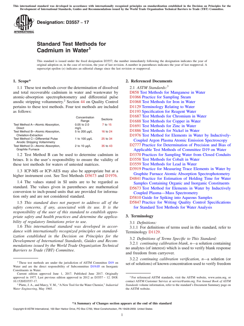 ASTM D3557-17 - Standard Test Methods for  Cadmium in Water