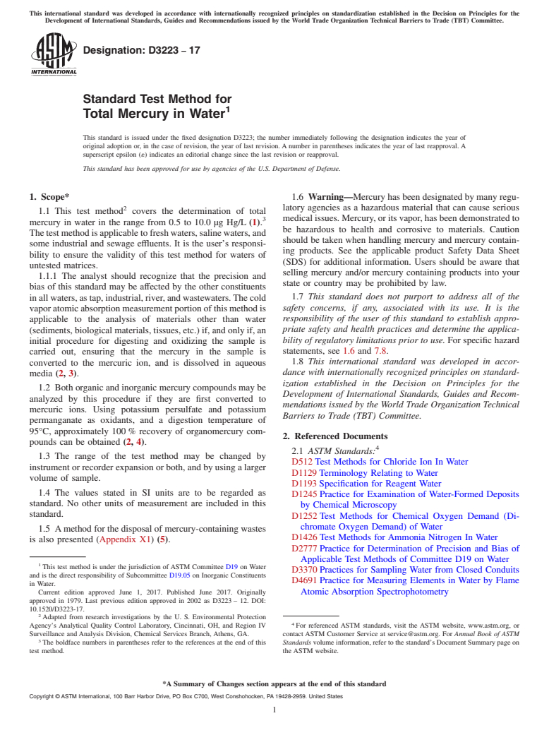 ASTM D3223-17 - Standard Test Method for  Total Mercury in Water